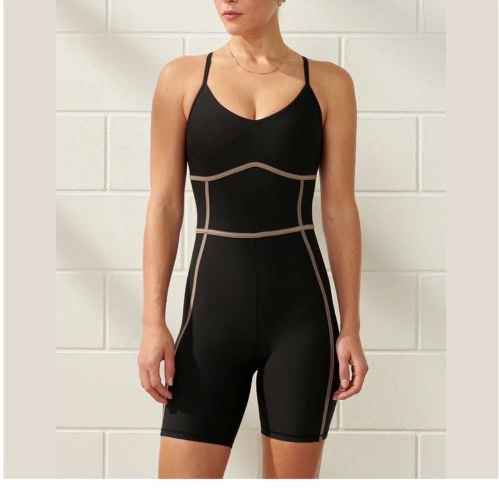 Abercrombie & Fitch Black Sculpting Jumpsuit with Taupe Trim